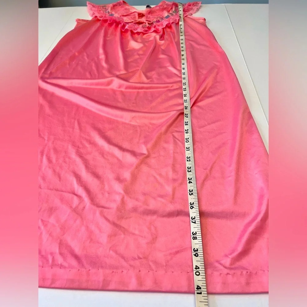 Beautiful Vintage Vivid Coral Nylon and Lace Nightgown by Bernette.  Size = M